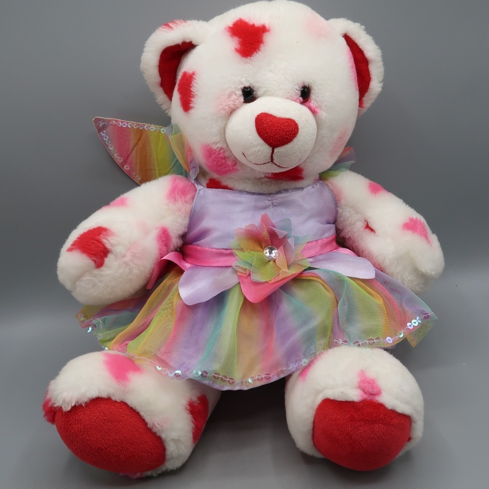 Build a Bear Workshop BABW White Hearts Valentine's Stuffed Animal Plush w Dress